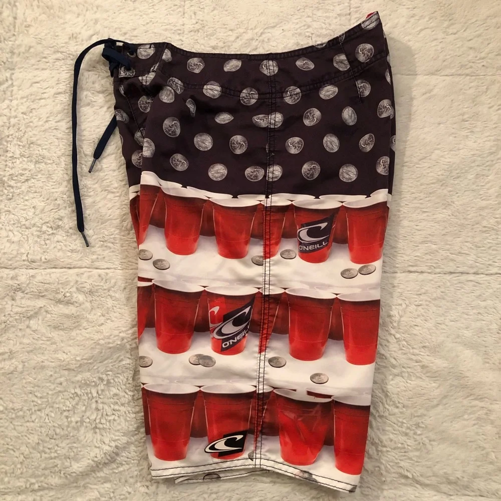 O’Neill Patriotic Flip Cup Red Solo Cup & Quarters Board Shorts SwimWear Mens 30